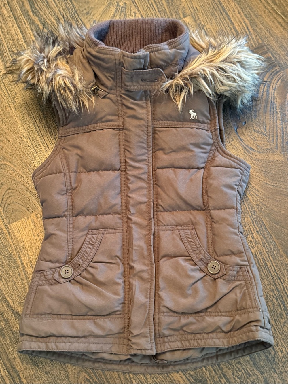 Abercrombie Kids Brown Quilted Down Puffer Vest with removable hood